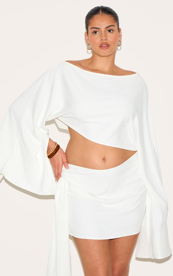 Plus Cream Floaty Woven Slash Neck Long Sleeve Top