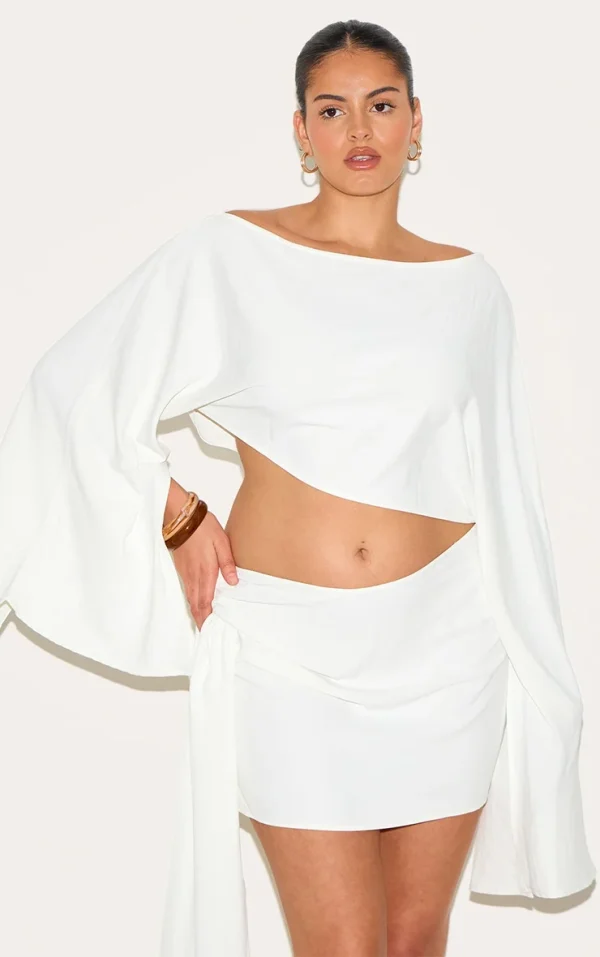 Plus Cream Floaty Woven Slash Neck Long Sleeve Top