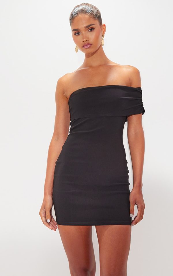 Black Stretch Shoulder One Sleeve Mini Dress
