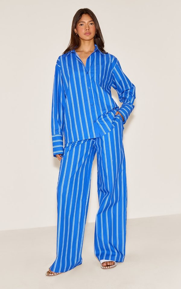Blue Striped Cotton Poplin Wide Leg Pants
