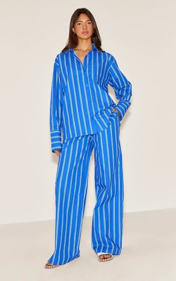 Blue Striped Cotton Poplin Wide Leg Pants