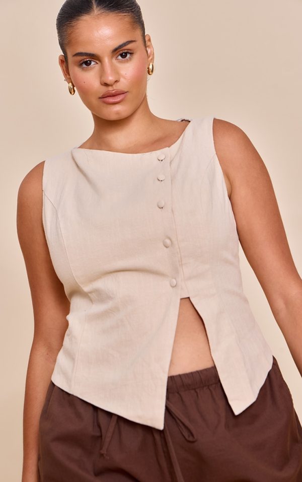 Plus Natural Premium Linen Asymmetric Button Up Vest