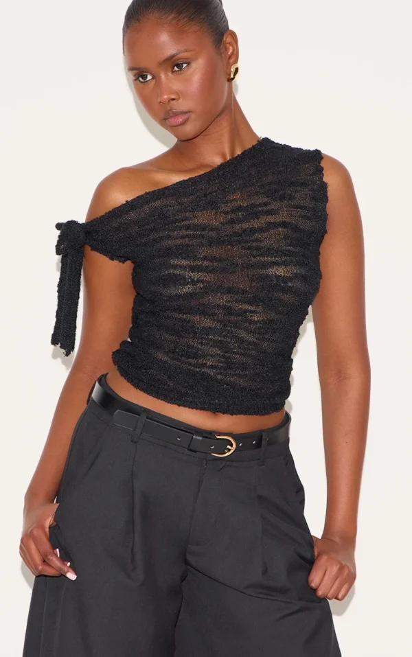 Black Sheer Bobble Crochet Asymmetric Tie Top