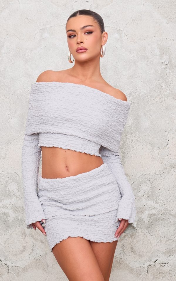 Light Grey Textured Fold Over Long Sleeve Top