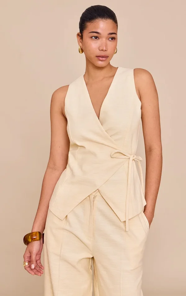 Almond Textured Asymmetric Tie Front Vest