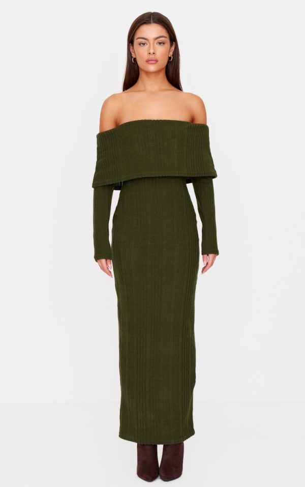 Green Brushed Rib Foldover Bardot Maxi Dress
