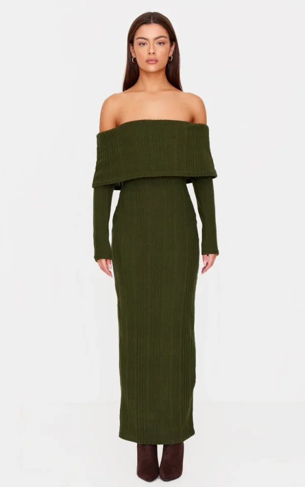 Green Brushed Rib Foldover Bardot Maxi Dress