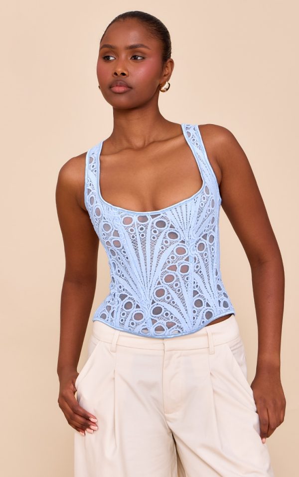 Sky Blue Textured Sheer Floral Square Neck Corset