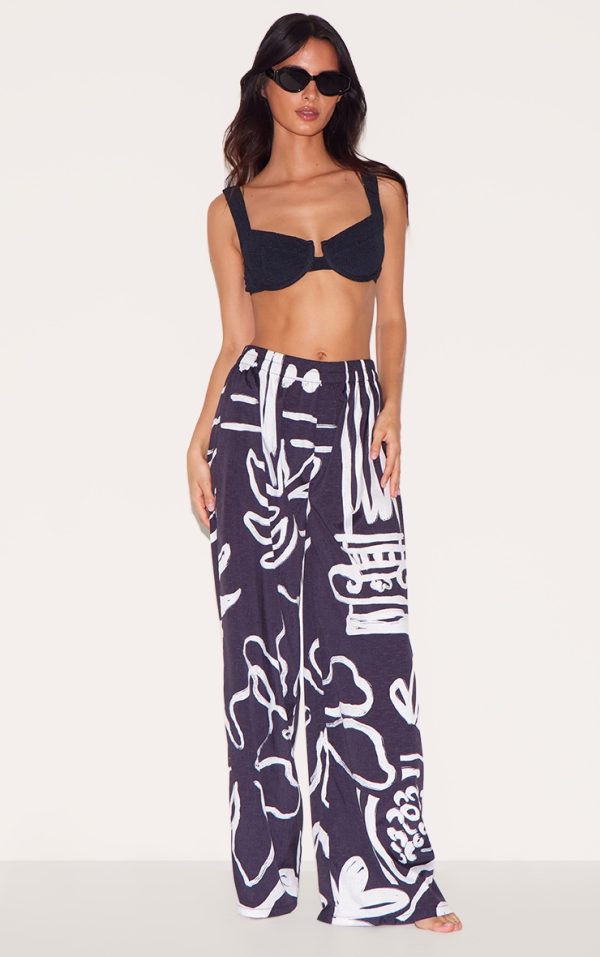 Black Monochrome Floral Beach Pants
