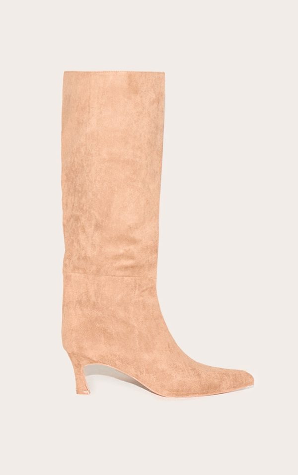Taupe Faux Suede Point Toe Mid Heeled Knee High Boots