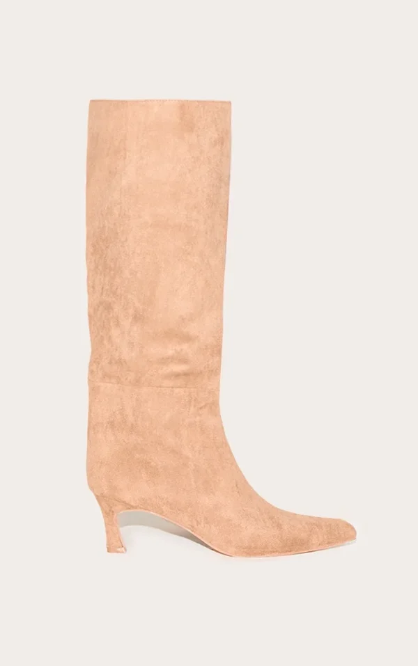 Taupe Faux Suede Point Toe Mid Heeled Knee High Boots