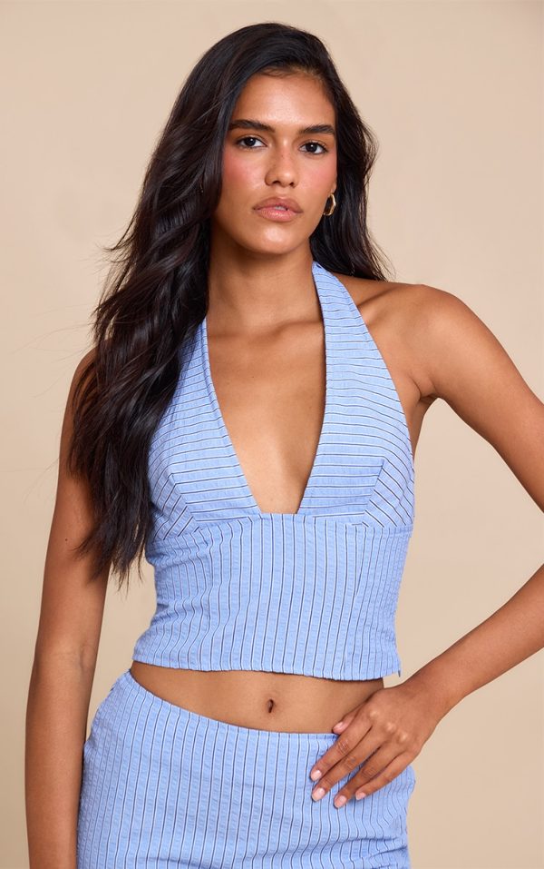 Blue Striped Halterneck Low Back Top