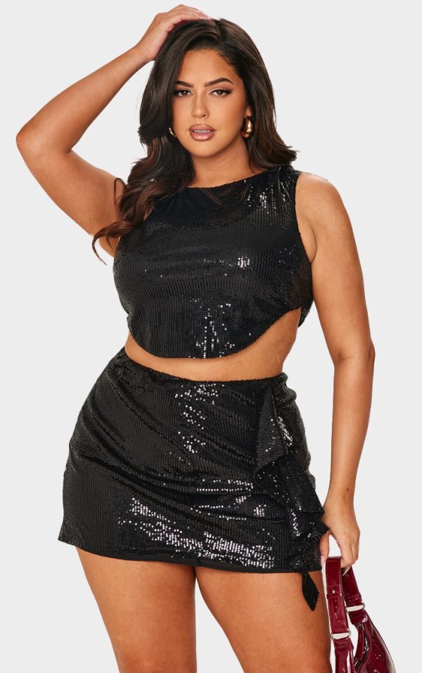 Plus Black Sequin Dip Hem Crop Top