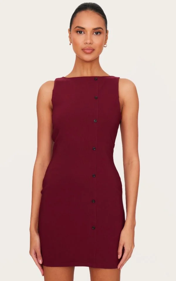 Burgundy Stretch Woven Button Down Shift Dress