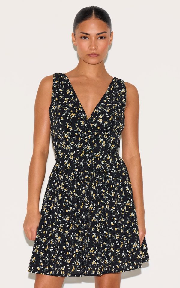 Petite Black Floral Detail Mini Shift Dress