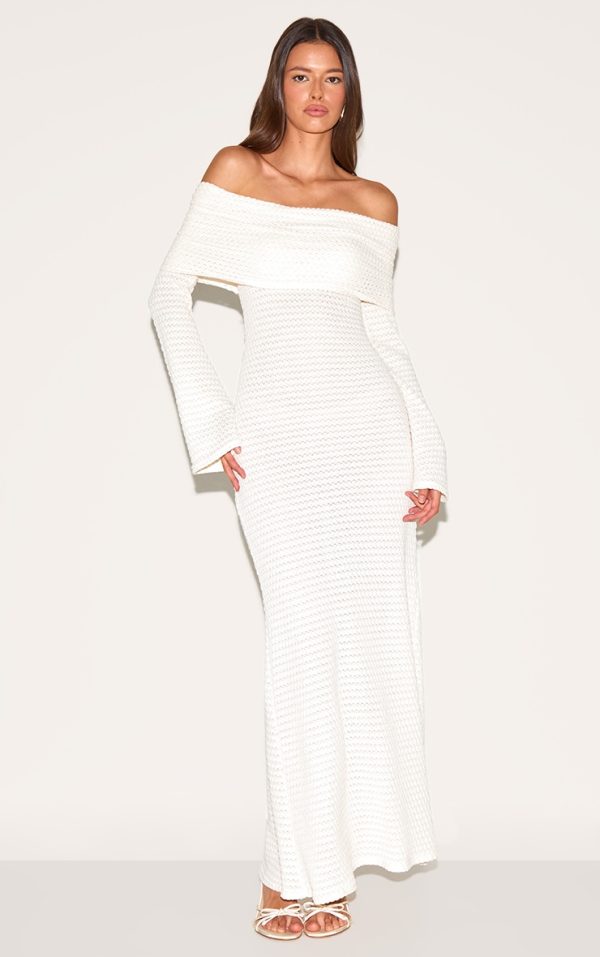 Cream Textured Extreme Bardot Long Sleeve Maxi Dress