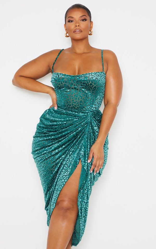 Plus Emerald Green Leopard Velvet Structured Corset Top
