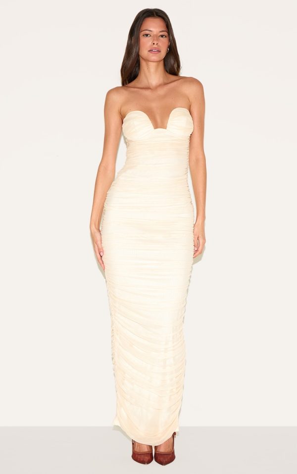 Almond Mesh Ruched Bandeau Maxi Dress