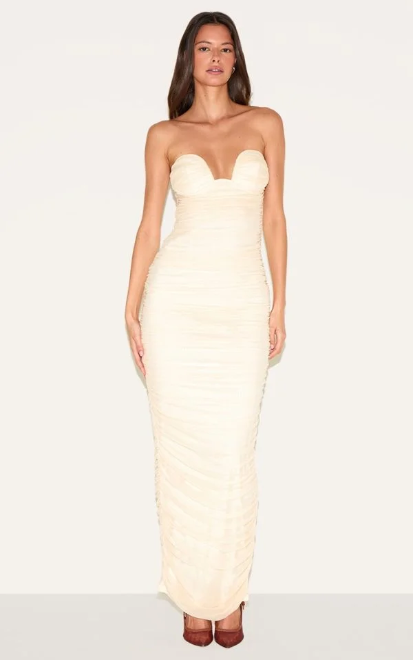 Almond Mesh Ruched Bandeau Maxi Dress