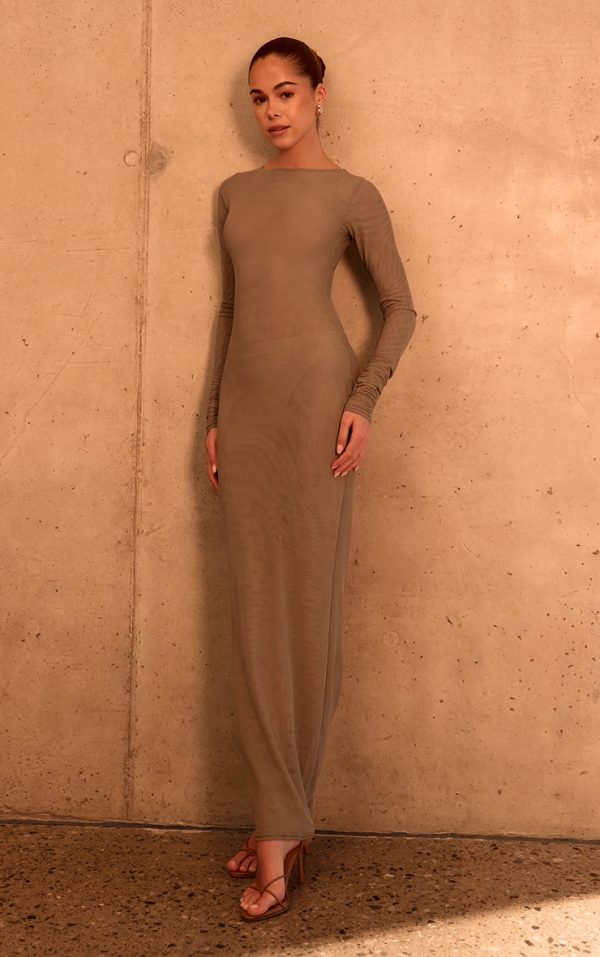 PLT Label Taupe Double Layer Mesh Ruched Sleeve Detail Maxi Dress