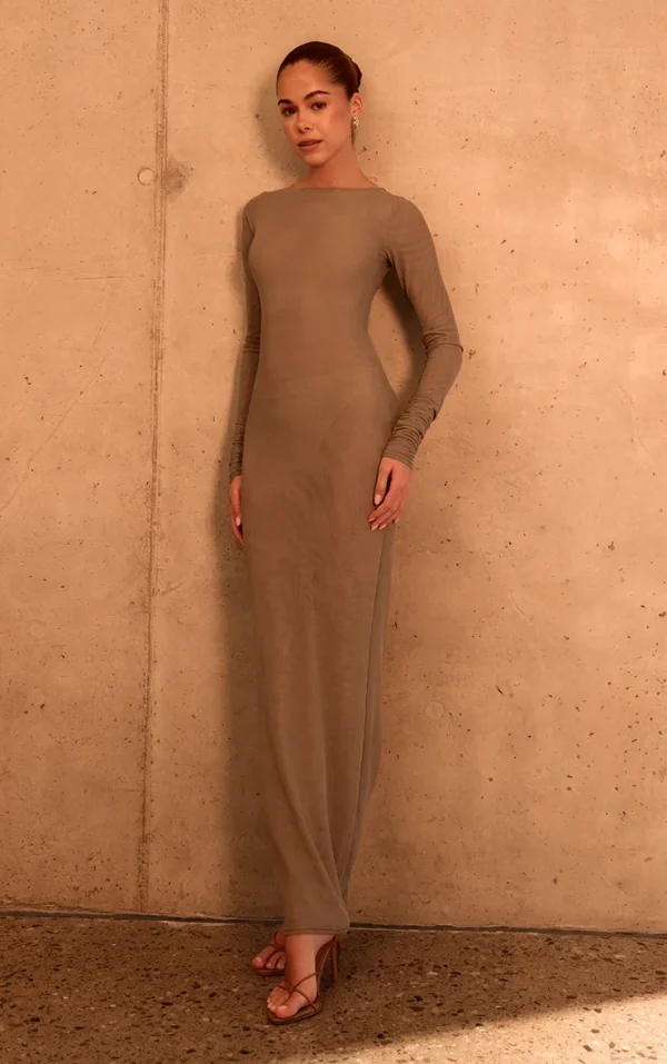 PLT Label Taupe Double Layer Mesh Ruched Sleeve Detail Maxi Dress