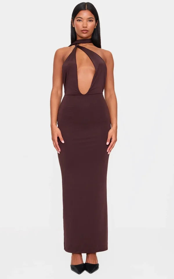 Chocolate Double Layer Slinky Wrap Neck Maxi Dress