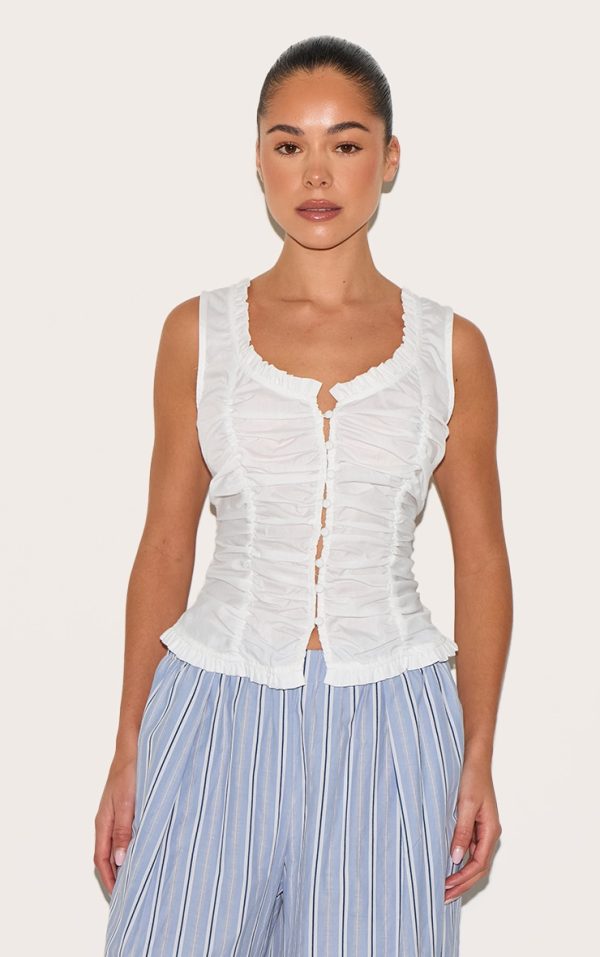 White Cotton Ruched Front Fitted Top