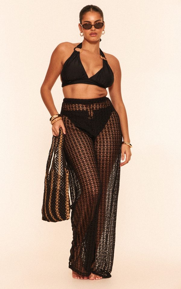 Plus Black Crochet Low Waist Wide Leg Beach Pants