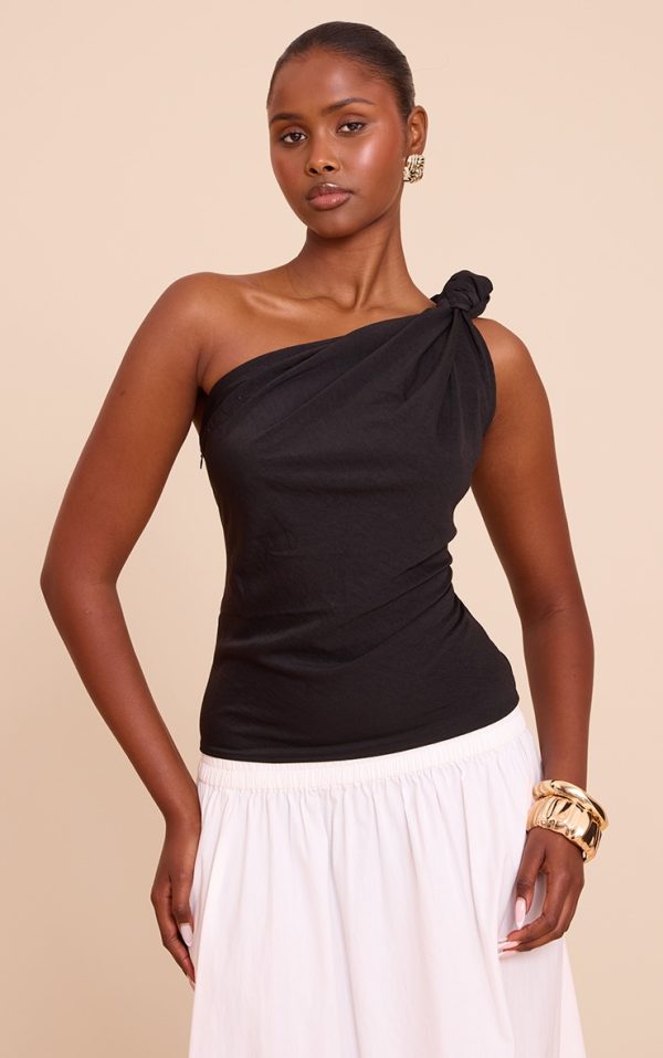 Black Floaty Woven One Shoulder Knot Detail Top