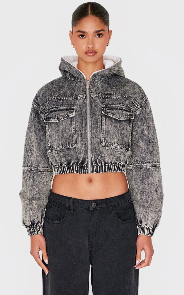 Washed Grey Faux Fur Lined Hood Cropped Denim Jacket