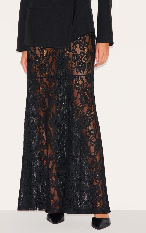 Black Floral Lace Sheer Maxi Skirt