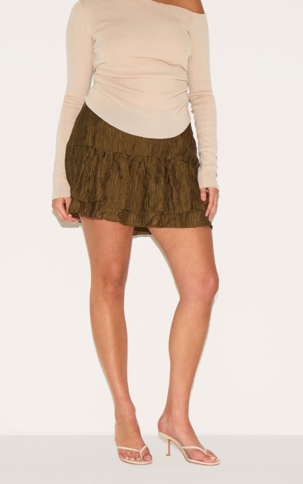Plus Khaki Crinkle Woven Dropped Waist Frilly Mini Skirt