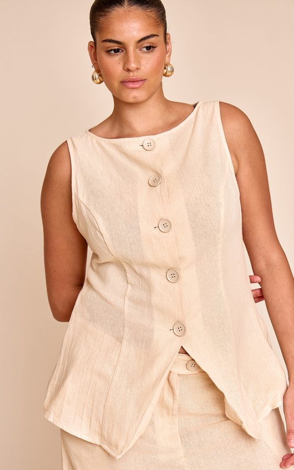 Plus Sand Boat Neckline Button Down Linen Look Stripe Vest