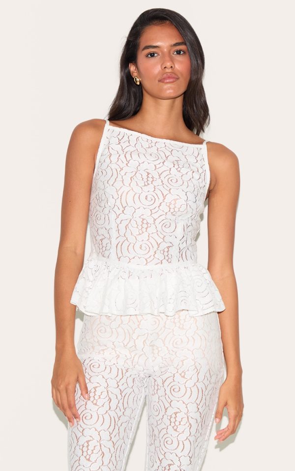 White Sheer Lace Peplum Sleeveless Top