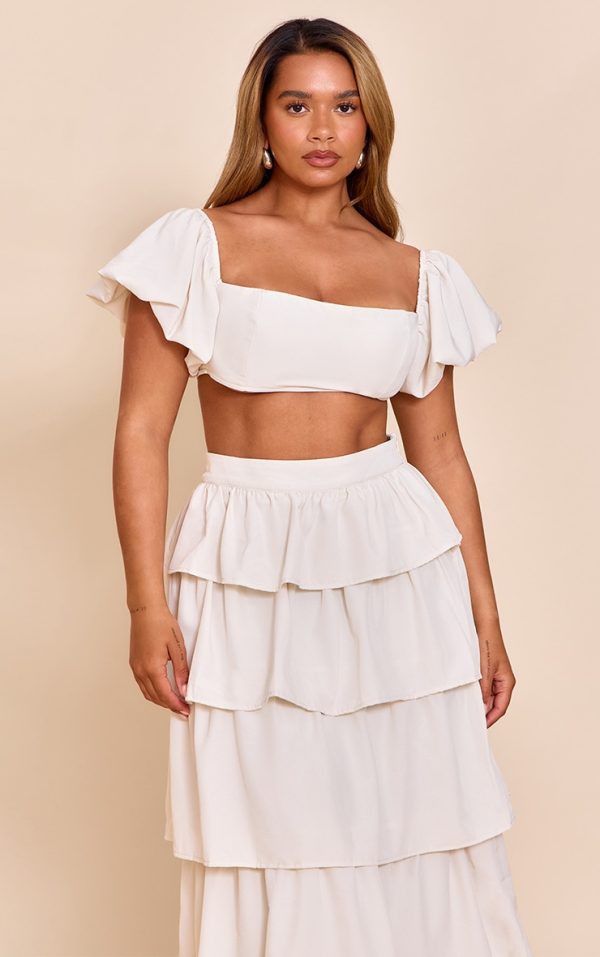 Shape Cream Crinkle Satin Puff Sleeve Crop Top