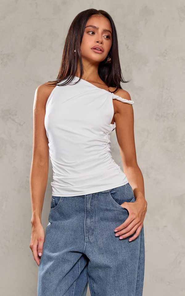 Petite White Soft Touch Twist Detail Ruched Top