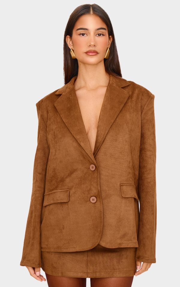 Brown Faux Suede Tailored Oversized Blazer