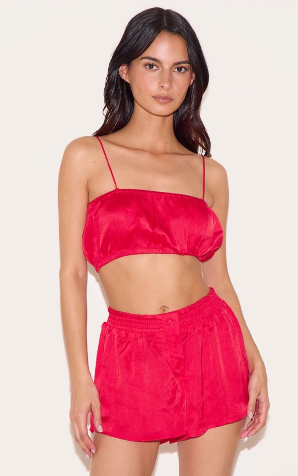 Red Satin Ruched Bralet And Short Pj Set