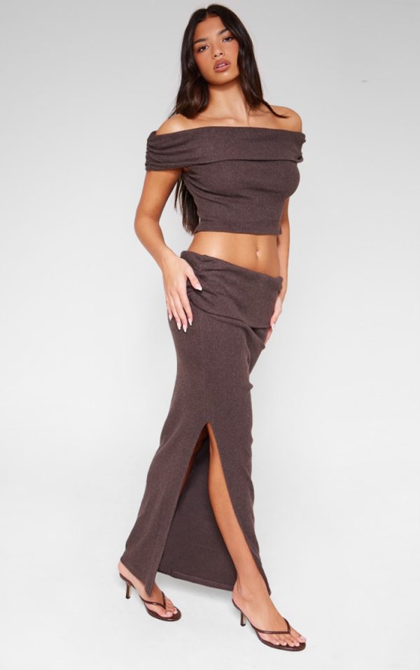 Chocolate Brushed Rib Ruched Detail Foldover Maxi Skirt
