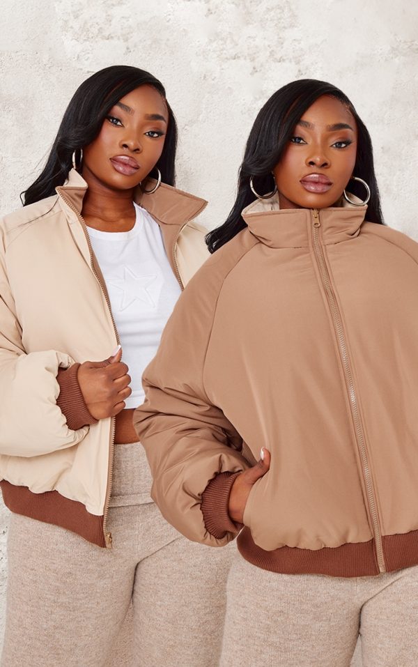 Plus Taupe And Sand Reversible Bomber Puffer