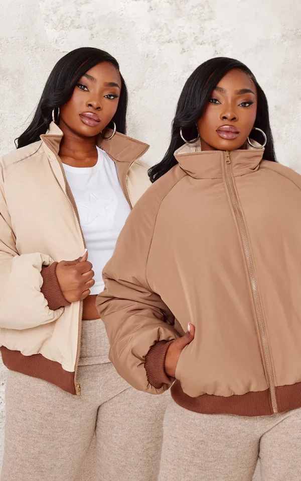 Plus Taupe And Sand Reversible Bomber Puffer