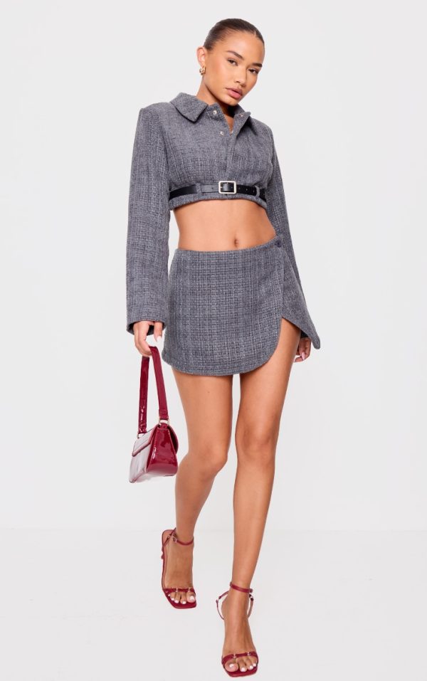 Petite Grey Textured Woven Wrap Over Mini Skirt
