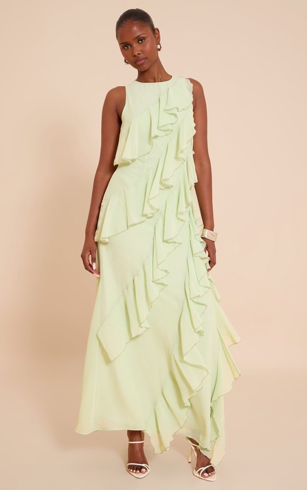 Sage Boat Neck Frill Detail Sleeveless Maxi Dress