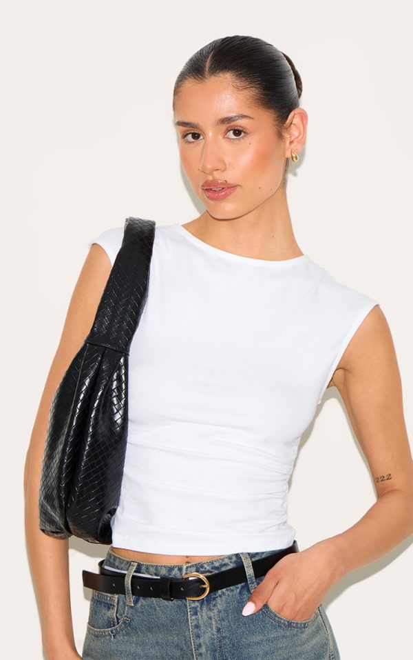 Tall White Soft Cotton Ruched Side Sleeveless Top