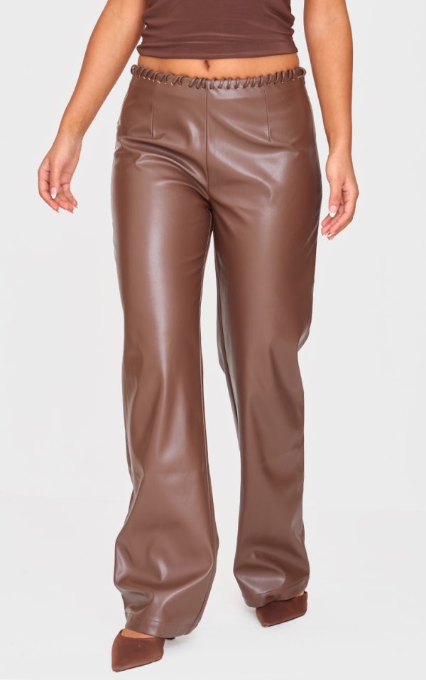 Petite Chocolate Faux Leather Lace Up Straight Leg Pants