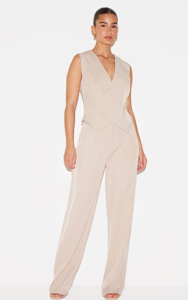 Stone Woven Asymmetric Detail Vest Straight Leg Jumpsuit