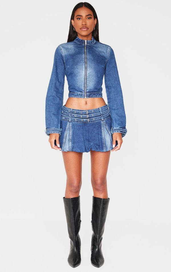 Indigo Buckle Detail Denim Puffball Mini Skirt