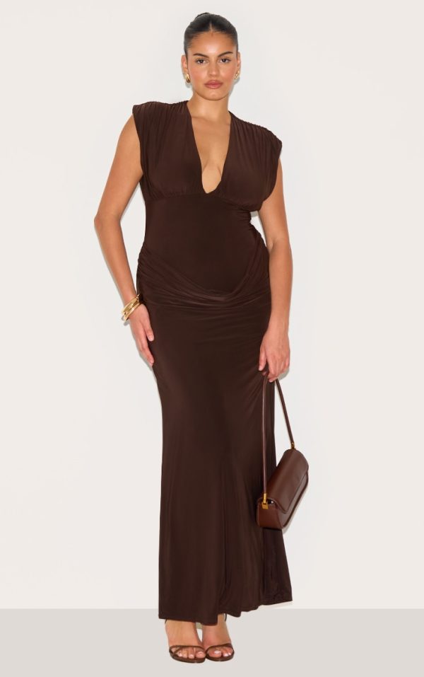Plus Chocolate Double Layer Plunge Ruched Shoulder Drape Waist Maxi Dress