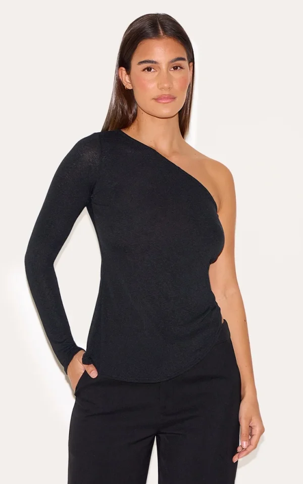 Black Burnout Mesh One Shoulder Detail Long Top