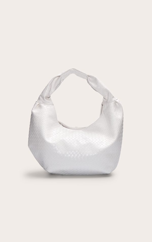 White PU Weave Slouchy Tote Bag